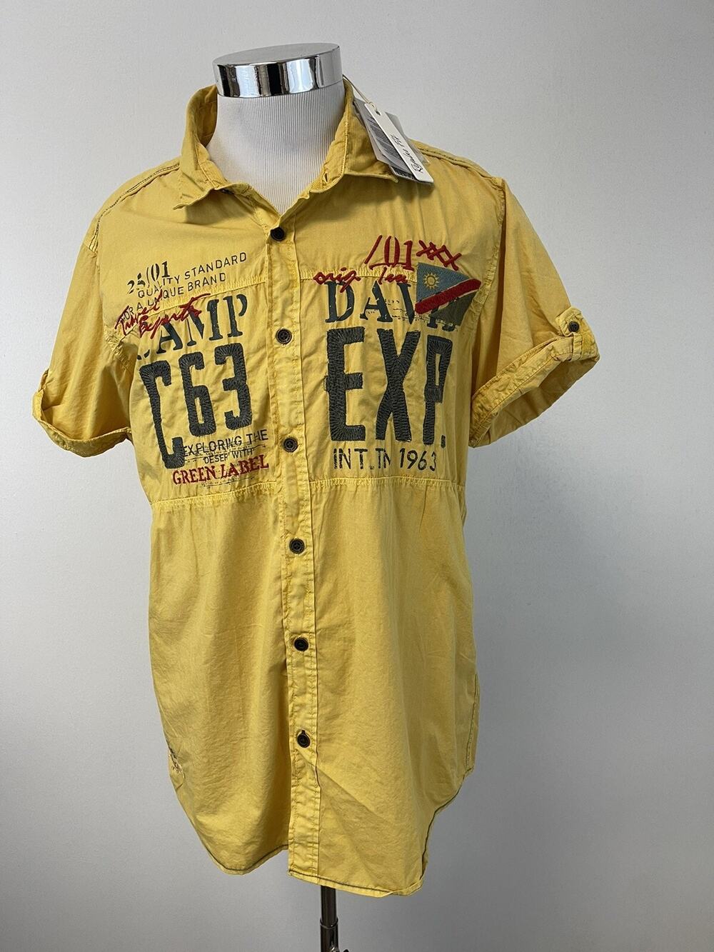 Camp David Shirt Mens Large Button Up Namibia Flag Embroidered Yellow N181